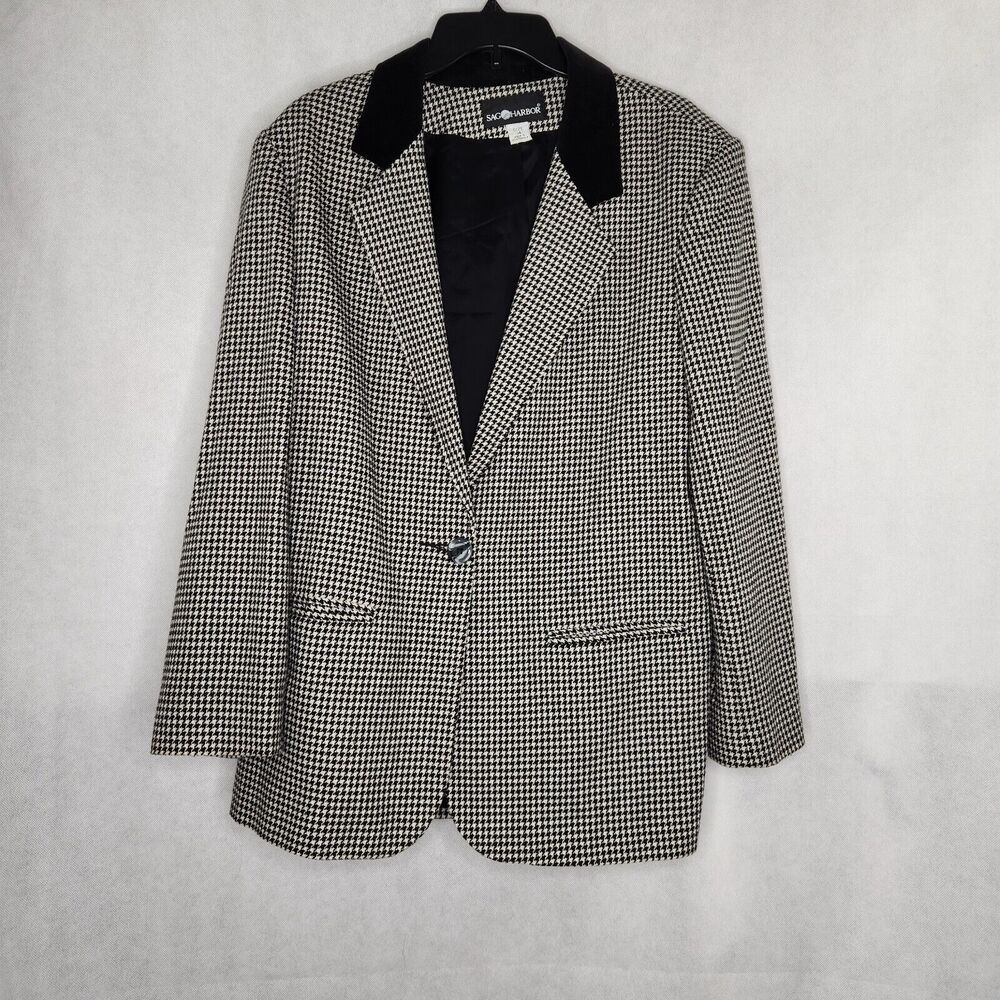 Vintage 90s Sag Harbor Houndstooth Blazer Wool Blend Womens Size 14 Black White